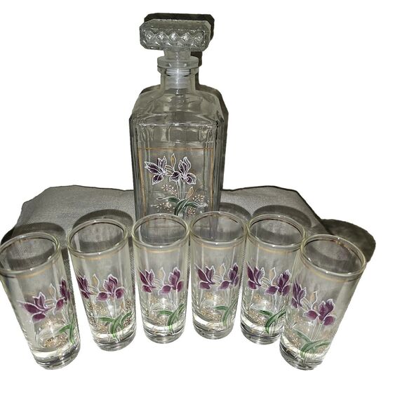 Italian Glass Whiskey Decanter/glasses Set-Handpainted Flowers A. Masserini VTG - Picture 1 of 9